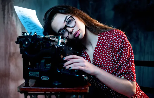 Picture look, dress, glasses, sponge, typewriter