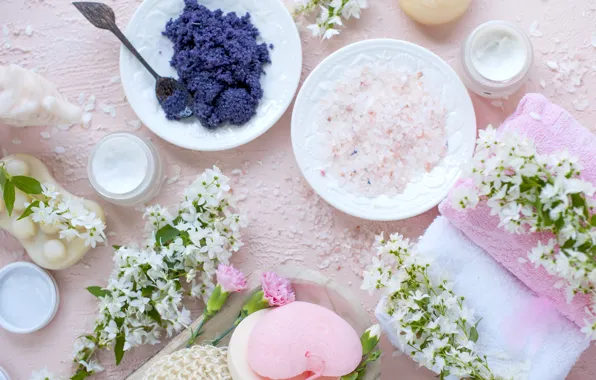 Flowers, towel, soap, relax, cream, Spa, spa, bath salt