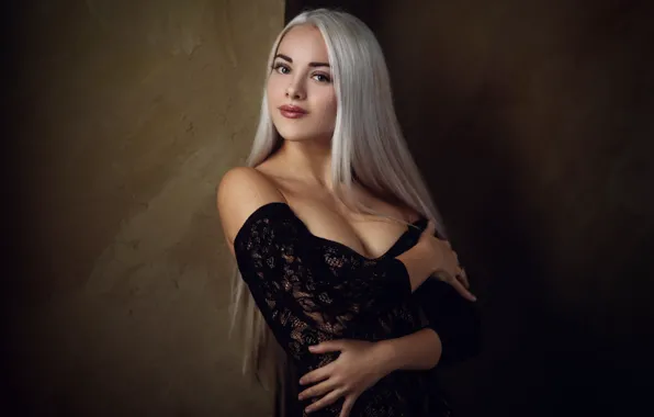 Look, girl, pose, wall, portrait, hands, dress, blonde