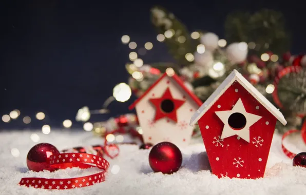 Balls, snow, branches, lights, holiday, star, Christmas, red