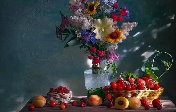 Flowers, cherry, berries, raspberry, background, bouquet, strawberry, still life