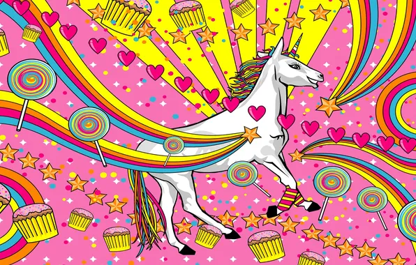 Picture wave, stars, happiness, pink, rainbow, positive, abstract, unicorn