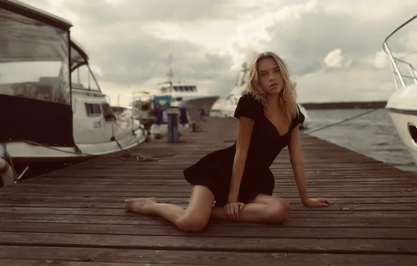 Nature, water, model, women, blonde, boat, black dress, looking at viewer