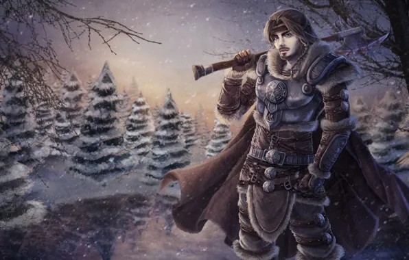 Picture snow, trees, warrior, art, armor, guy, axe, cloak
