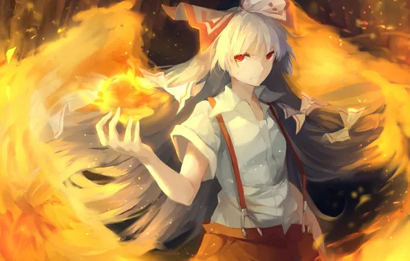 Picture girl, fire, magic, wings, anime, art, bow, touhou