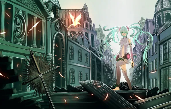 Picture girl, the city, bird, home, feathers, art, ruins, vocaloid