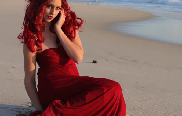 Sand, sea, girl, makeup, lipstick, red dress, curls, red hair