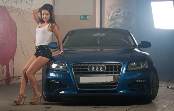 Picture auto, look, Audi, Girls, garage, beautiful girl, posing on the car