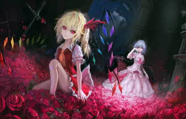 Crosses, roses, statue, red eyes, the crypt, touhou, Remilia Scarlet, Flandre Scarlet