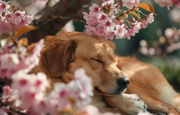 Flowers, branches, sleep, dog, spring, garden, sleeping, face
