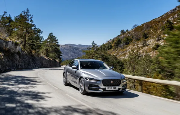 Road, mountains, Jaguar, sedan, four-door, 2020, gray-silver, Jaguar XE