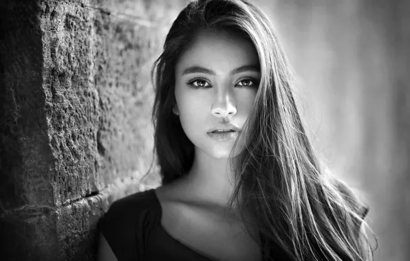 Look, background, wall, model, portrait, makeup, hairstyle, black and white