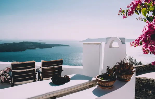 Sea, Islands, chairs, branch, pots, veranda, manure