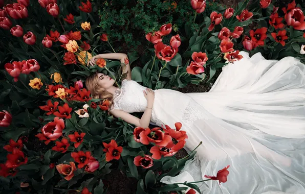 Picture girl, flowers, nature, photo, model, dress, tulips, lies