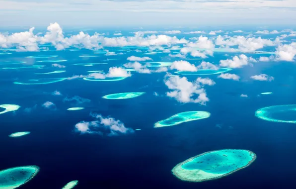 Islands, the ocean, The Maldives, archipelago, below