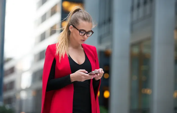 White, woman, suit, urban, technology, talking, wireless, texting