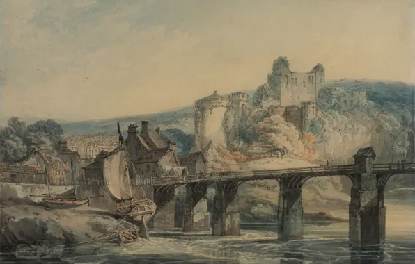 Picture landscape, bridge, river, boat, picture, watercolor, sail, William Turner
