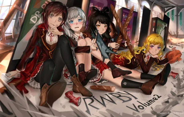 Picture girls, anime, art, coca cola, baguette, machines, rwby, ruby rose