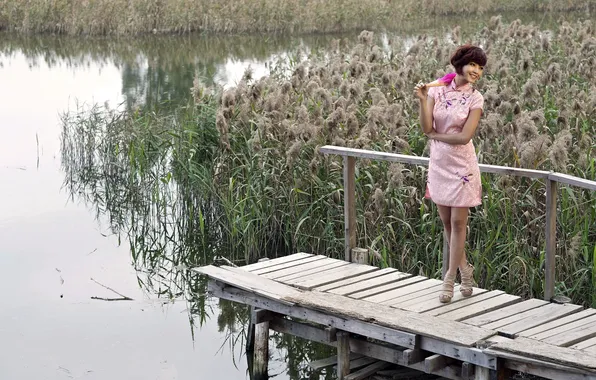 Picture girl, bridge, lake, Agnes Lim