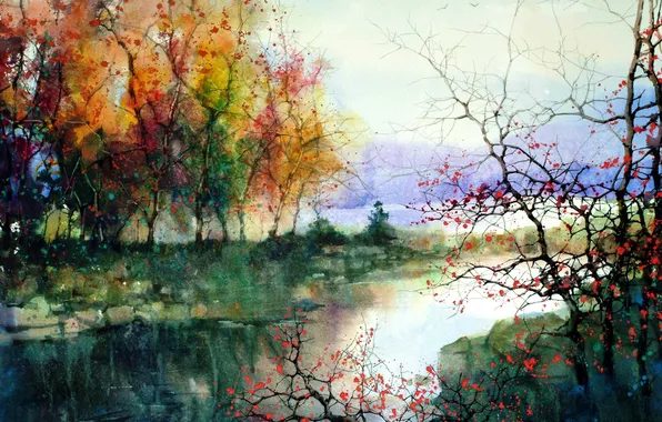 Picture trees, landscape, river, picture, ZL Feng