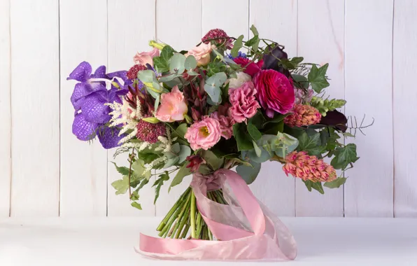 Roses, bouquet, Orchid, eustoma, Calla lilies, astrantia
