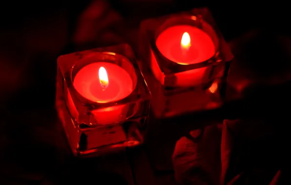 Picture red, lights, two, candles, twilight, Valentine's day, bokeh