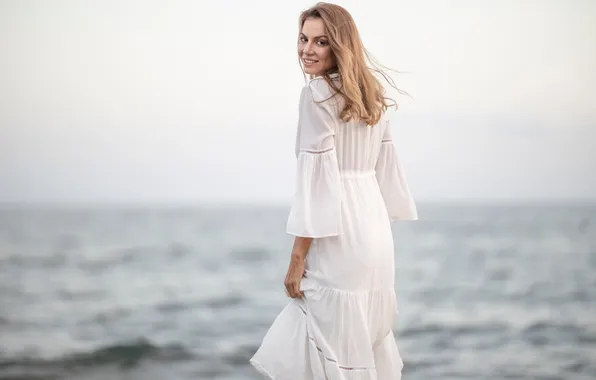 Sea, look, girl, smile, shore, portrait, horizon, blonde
