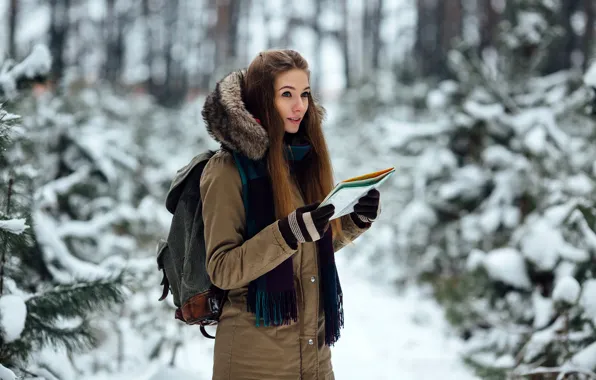 Winter, girl, snow, trees, nature, map, portrait, makeup
