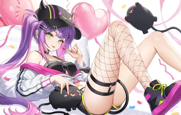 Girl, bed, ball, Lollipop, heart, demons, Hololive virtual youtuber, Holo no Graffiti