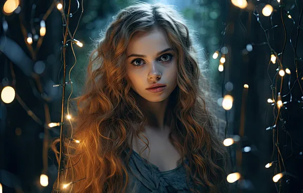 Look, girl, night, face, lights, darkness, the dark background, wire