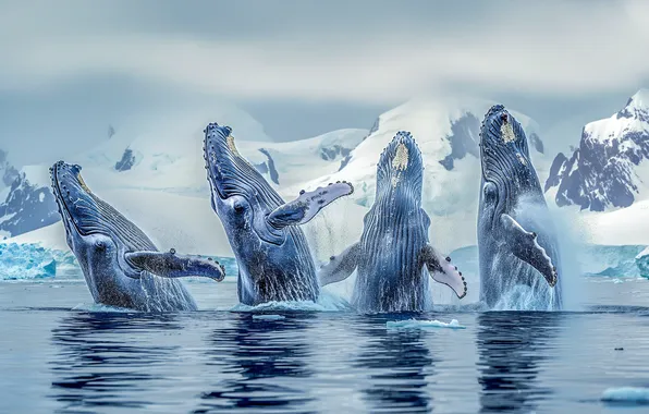 Winter, sea, snow, rocks, jump, whales, Quartet, poses