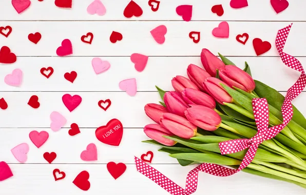 Picture love, flowers, bouquet, hearts, tulips, love, pink, wood