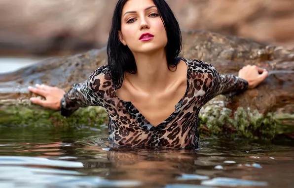 Look, water, girl, pose, stone, hands, brunette, blouse