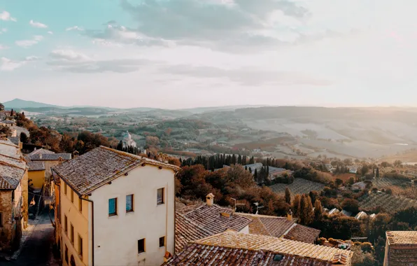 Picture autumn, the sky, clouds, trees, landscape, hills, street, Windows