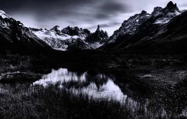 Picture the sky, clouds, snow, mountains, nature, rocks, black and white, monochrome