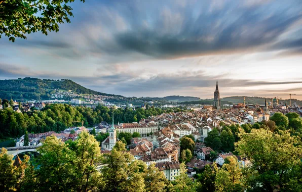 Roof, the sky, clouds, trees, landscape, home, Switzerland, Bern