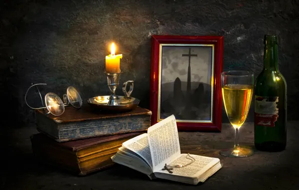 Picture photo, books, candle, cross, The pastor's abode