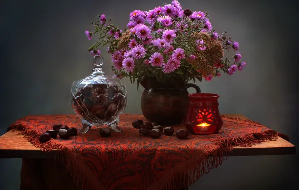Autumn, flowers, candle, vase, still life, chrysanthemum, candle holder, September