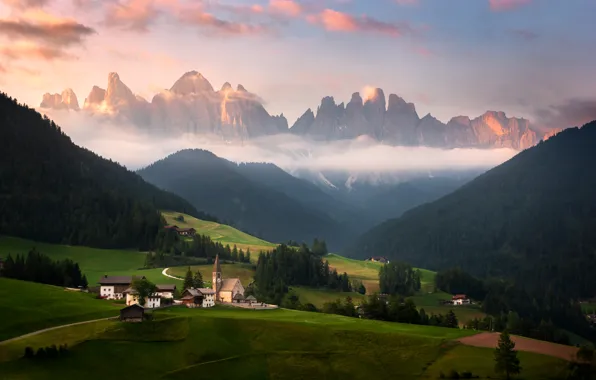 Mountains, fog, Alps, Church, houses, meadows, The Dolomites