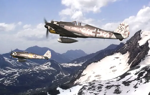 The sky, snow, mountains, figure, tops, art, fighter-bombers, Focke Wulf