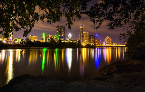 Night, the city, river, photo, skyscrapers, USA, Austin, Texas