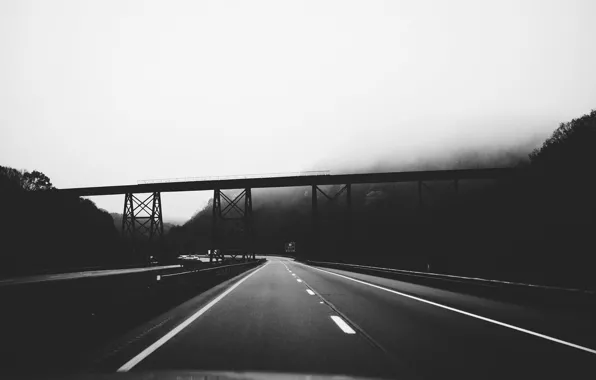 Road, bridge, fog, black and white, Fuji