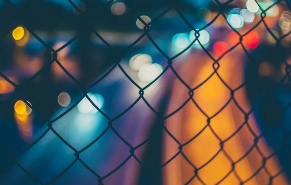 Macro, night, the city, lights, glare, mesh, the fence, bokeh