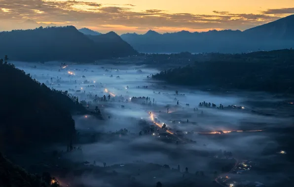Mountains, lights, fog, valley, Bali, Indonesia