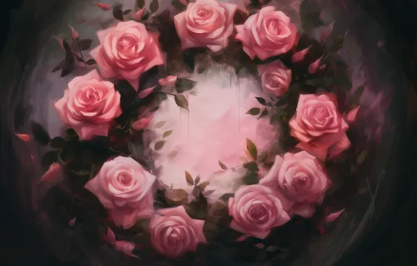 Flowers, roses, round, pink, painting, composition, imitation painting, AI art
