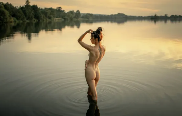 Ass, chest, trees, sunset, sexy, pose, river, model
