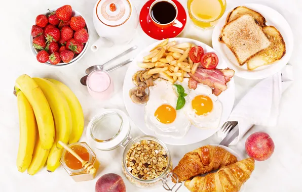 Coffee, Breakfast, strawberry, juice, bananas, juice, honey, scrambled eggs