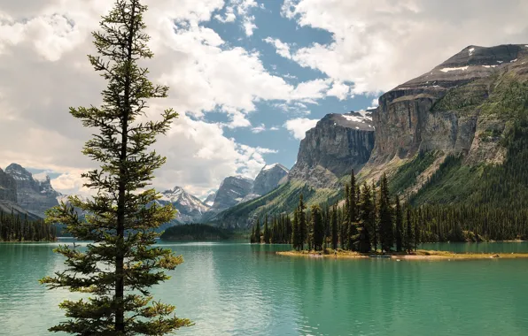 The sky, clouds, trees, mountains, lake, island, Canada, Albert