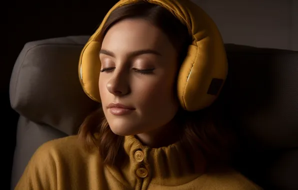 Girl, face, music, portrait, chair, yellow, makeup, headphones