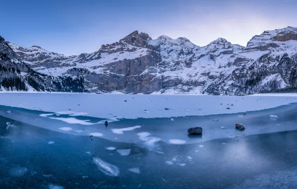 Winter, mountains, ice, Switzerland, Switzerland, Bernese Alps, The Bernese Alps, Oeschinen Lake